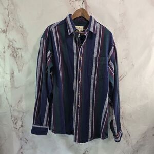 Vintage Eddie Bauer Shirt Mens XL Navy Green Flannel Plaid Button Up Striped 90s